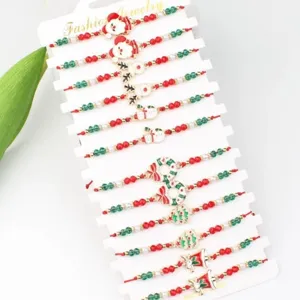 Detail view of a 12-piece Christmas bracelet set with festive Santa and tree charms