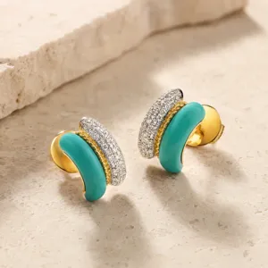 French Retro Geometric Stud Earrings Gold Plated Brass Artificial Turquoise Rhinestone C-Shape Earrings For Women Niche Design Jewelry