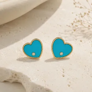Vintage Enamel Heart Stud Earrings For Women 18K Gold Plated Brass Red Blue Heart Earrings With Rhinestone Micro Inlaid Jewelry Gift