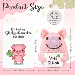 Detailed dimensions of handmade crochet pink pig doll with gift card and lucky token