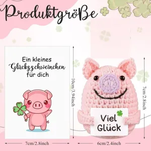 Size specifications for hand-crocheted pink pig plush with a lucky greeting card