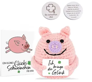 Handmade pink crocheted pig doll gift set with German positive message cards