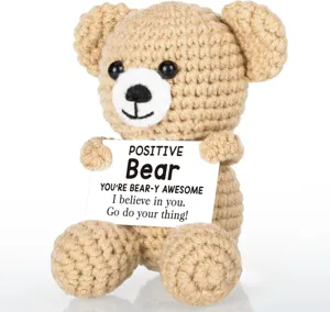 Handmade crochet emotional support teddy bear positive bear with inspirational card toy.