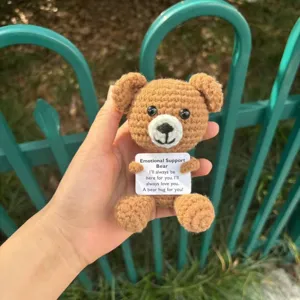 Detailed close-up shot of a handmade crochet emotional support bear holding a card.