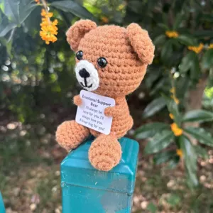 Detailed shot of handmade crochet emotional support bear holding a cute encouraging card.