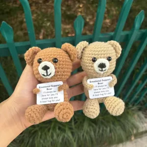 Handmade crochet emotional support bear, cute knitted animal plush toy with warm message card.