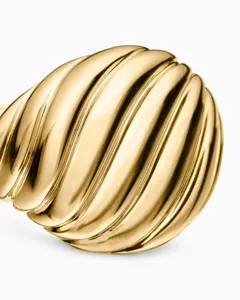 High-quality macro detail of a 18K gold pleated croissant ring with polished texture.