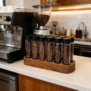Walnut Wood Coffee Bean Storage Tube Set With Glass Sealed Tubes Display Stand For Home Commercial Kitchen