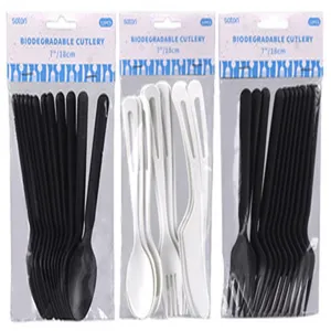 Biodegradable cutlery set with black spoons, forks and white knives 7 inch 18cm