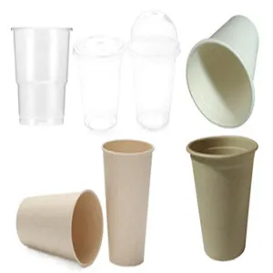 Variety of disposable plastic and paper cups for beverages