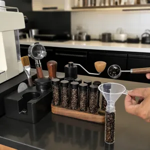 Walnut coffee bean storage tube set detail, 12 glass tubes on wooden rack with coffee tools.