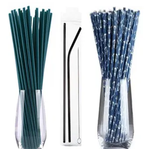 Assorted reusable drinking straws set including cleaning brush and anchor pattern designs