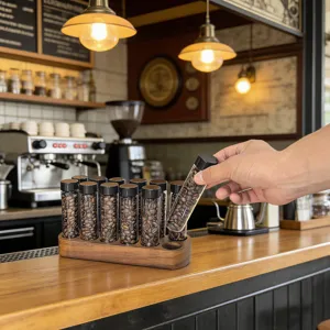 Walnut coffee bean storage tube set with 12 sealed glass tubes and a wooden display rack.