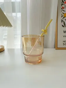 Amber glass cup with cute twisted straw heat resistant aesthetic drinkware for coffee and juice