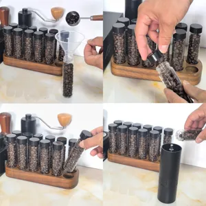 Walnut coffee bean storage test tube rack set detail, showing filling and grinding process clearly.