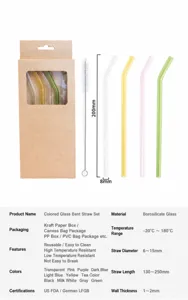 Detailed view of colorful glass straw set with kraft box and cleaning brush, heat-resistant.