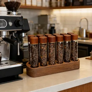 Detailed view of the walnut coffee bean storage tubes and wooden base in a clean home kitchen.