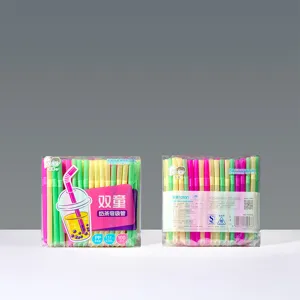 Disposable colorful plastic drinking straws, flexible bent design, food grade material.