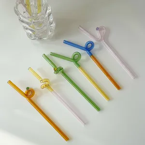 Colorful glass twist drinking straws, reusable heat resistant cute curved coffee stirrers.