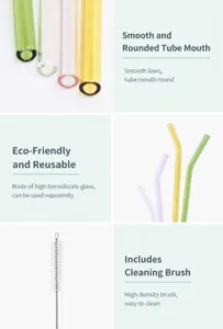 Close-up detail of colorful borosilicate glass drinking straws with a cleaning brush for eco-use.