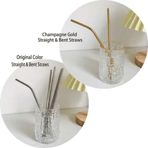 Pajitas reutilizables de acero inoxidable 304 en oro y plata con vasos de vidrio