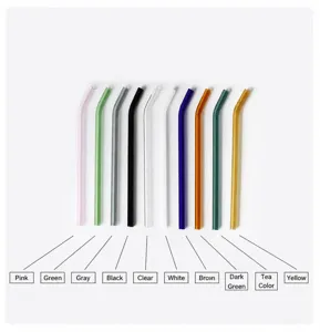 Colorful glass straws detail, bent design, heat-resistant glassware and multi-color options.