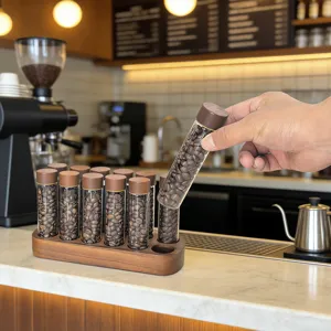 Walnut coffee bean storage tube set with 12 glass tubes and wooden display stand holder
