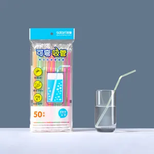 Kleurrijke buigbare wegwerp drinkrietjes, 6x210mm individueel verpakt plastic rietje.