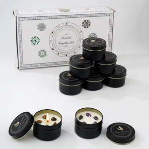 Set regalo candele profumate in cera di soja naturale, scatola metallo nera con pietre.