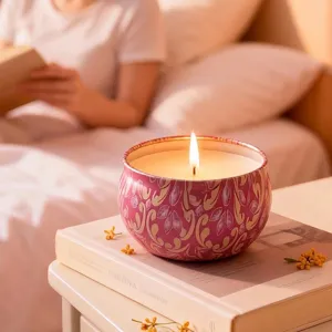 12-piece scented candle set in pink patterned belly jars for home decor
