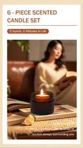 Scented candle set detail view in amber glass jar with warm lifestyle background setting.