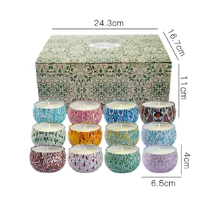 12-piece scented candle set in decorative tin cans with gift box dimensions