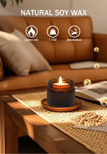 Soy wax scented candle in brown glass jar, smokeless and long-burning home fragrance gift.