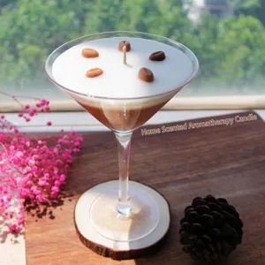 Martini glass scented candle with coffee bean decor, perfect for romantic home atmosphere.