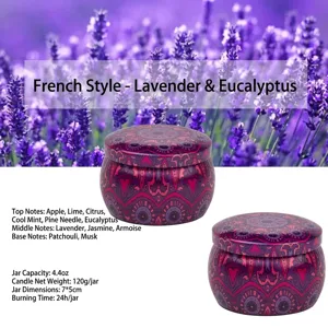 Bougie parfumée au soja en boîte mandala violette, 24h de combustion et 120g de poids