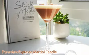 Detailed view of the espresso martini scented candle, beautifully layered wax resembling a