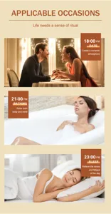 Scented candle lifestyle scene showing romantic dinner, relaxing bath and peaceful sleep moments.