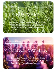 Scented candle detail graphic showcasing rosemary and French vanilla fragrance notes profile.