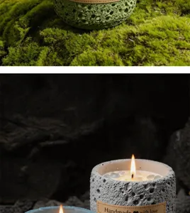 Close-up detail of handmade scented soy candle in textured concrete jar with natural moss and rock.