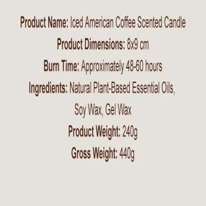 Iced American koffie geurkaars detailkaart met afmetingen, gewicht en brandtijd info.
