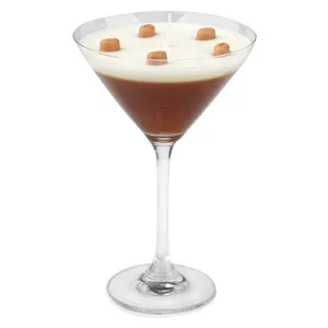 Espresso martini scented candle detail, realistic coffee beans on white wax layer inside glass.