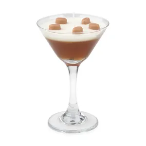 Exquisite espresso martini scented candle in martini glass with coffee bean wax decor for home.