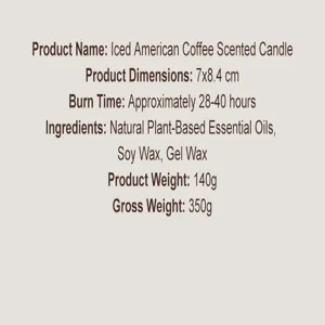 Ijskoude Amerikaanse koffie geurkaars productdetails met afmetingen, ingrediënten en brandduur.