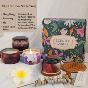 Vue détaillée d'un pack de 4 bougies parfumées dans des boîtes artistiques avec coffret.