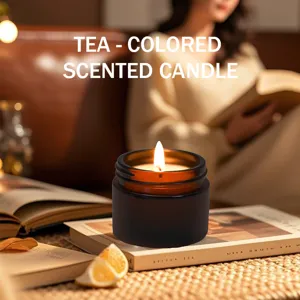 Amber glass scented candle in warm room setting, smokeless soy wax gift candle for home decor.
