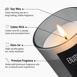Scented soy wax candle in frosted glass jar with burning wick, home decor and aromatherapy.