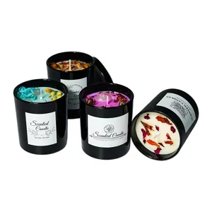 Candele profumate in cera di soia in barattolo di vetro nero con fiori secchi, set decorativo.