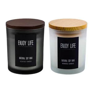 Scented soy wax candle in frosted glass jar with wooden lid, smokeless home aroma gift.