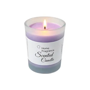 Scented candle in frosted glass jar with purple soy wax, perfect gift and home decor.