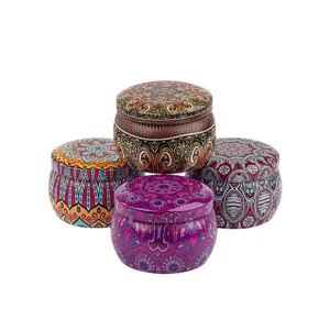 Lot de quatre boîtes en fer blanc avec motifs mandala pour bougies